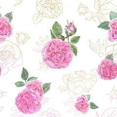 Vintage watercolor pink tea roses with outline roses on the background - seamless floral pattern.