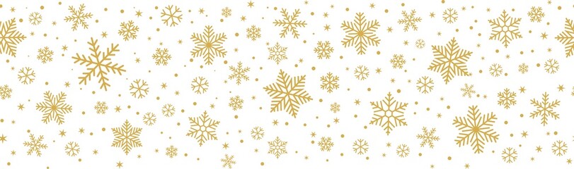 snowflake seamless border, repeat backdrop with golden snowflake and star confetti, Christmas banner template illustration isolated isolated on transparent background, PNG, cilp art