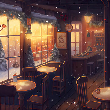 Christmas Cozy Atmosphere In An Animated Wooden Coffee Shop Where A Warm Refreshing Drink Is Served. New Year's Decorated Ambience And Falling Snowflakes. 3D Illustration Background.