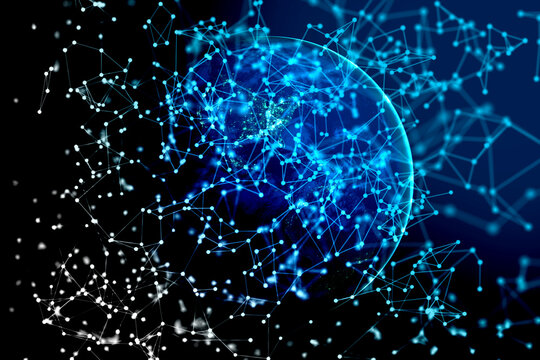 Conceptual illustration of network with glowing link knots, space around. The outline of a globe in the background. 3D illustration