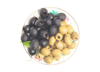 green and black olives isolated on white background top view