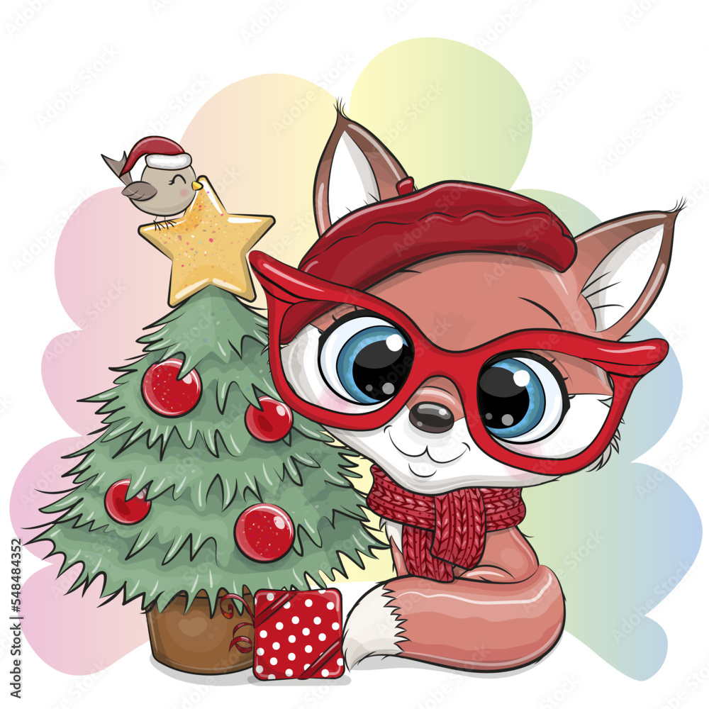 Wall mural Cute Cartoon Fox with gift and Christmas tree