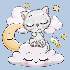 Cartoon White Kitty is sleeping a on the Cloud