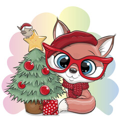 Cute Cartoon Fox with gift and Christmas tree
