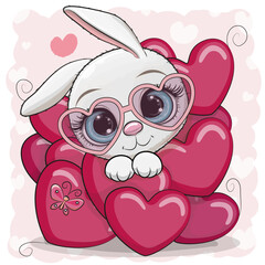 Cute Cartoon White Rabbit in hearts