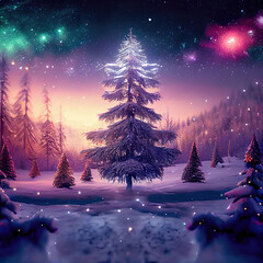 New Year's Eve under the starry purple sky, a huge Christmas tree with cyber neon lights, forest covered with snow. 3D Illustration with a star on top. Winter holiday landscape.