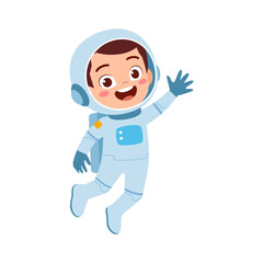 little kid wear astronaut costume and feel happy