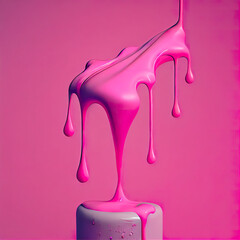 3D creative concept of a pedestal on which paint drips and pours on it. Copy and product space. Garish pink color and pink background.