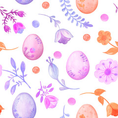 Easter, spring,  seamless pattern with easter eggs, flowers, leaves in folklore style. Watercolor illustrations with stylized decorative floral elements. For textiles, clothing, bed linen.