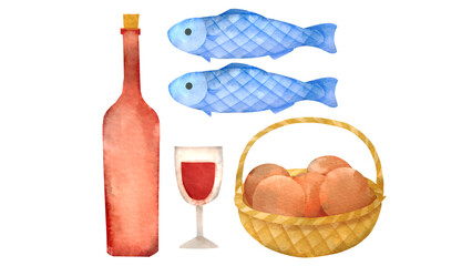 5つのパンと2匹の魚の水彩風背景透過イラスト