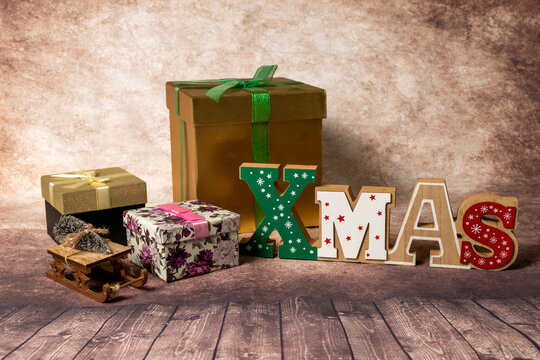 Vintage Wooden Word XMAS  NEW YEAR DECORATION IN RUSTIC STYLE Wooden Letter On Background.classic Chrismas Decore