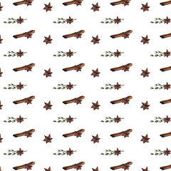 vector pattern with cinnamon stick, cloves and herbs