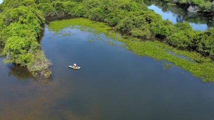 Aerial view of a boat on the Rio Cristalino river in Mato Grosso, Brazil