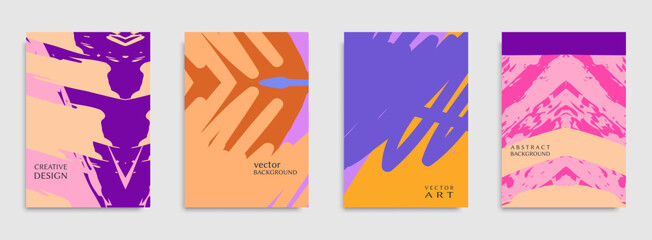 Abstract vector backgrounds set, grunge texture. Hand drawn brush strokes and geometric elements. Modern minimalistic design for poster, banner, cover, flyer, invitation. Trendy brochure templates A4