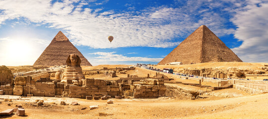 The Great Sphinx panorama by the Pyramids of Egypt, sunset view, Giza - obrazy, fototapety, plakaty