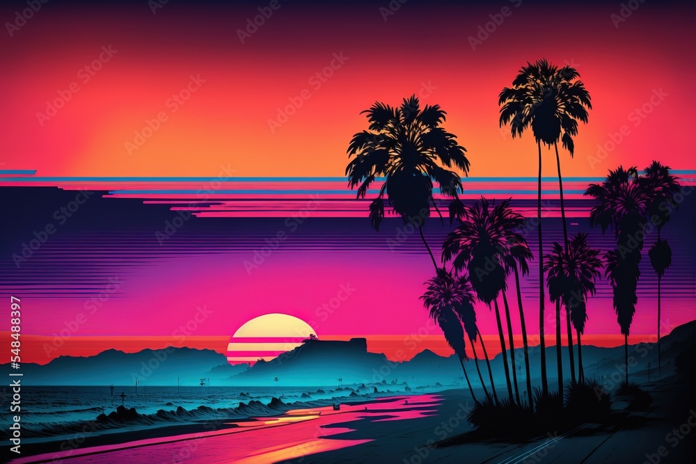 Wall mural beach and sunset in synthwave style. california beach.