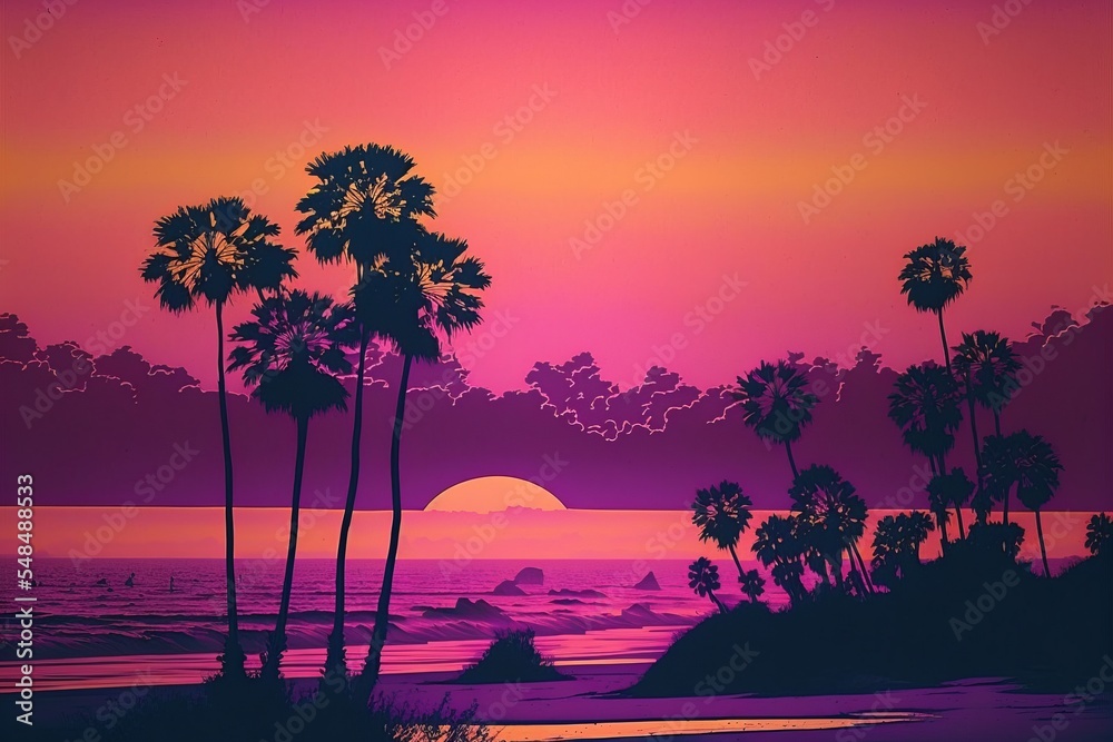 Wall mural beach and sunset in synthwave style. california beach.