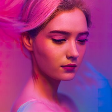 Pink Portrait Of A Beautiful Young Woman. Generative AI.Gentle Girl With Smooth Clean Skin. Fashion And Aesthetic Figure With Purple Tones.