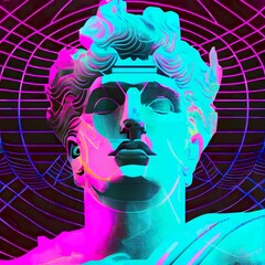 Collage with plaster antique sculpture of human face in a pop art style. Creative concept colorful neon. Cyberpunk futuristic poster on background. 3D Illustration.