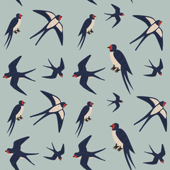 Swallow bird vector seamless pattern.