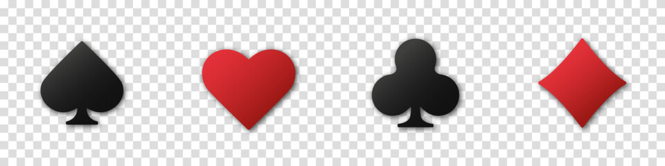 Set collection gambling sign symbol of playing card suits and chips for poker and casino. Hearts, clubs, diamonds and spades on an isolated transparent background.