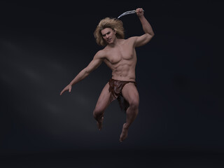 Obraz na płótnie Canvas 3D Render : portrait of fantasy male Tarzan character is jumping with a knife in his hand