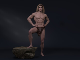 3D Render : portrait of fantasy male Tarzan character stand akimbo in the studio background with rock platform or podium to support his leg