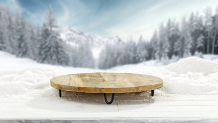 A minimalist composition with snow, against the background of a beautiful winter landscape and free space