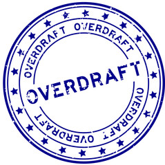 Grunge blue overdraft word with star icon round rubber seal stamp on white background