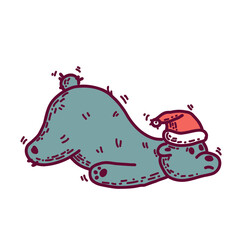 Cartoony Christmas illustration with hand drawn bored polar bear in Santa's hat laying on the floor.