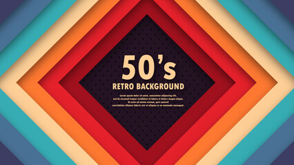 Abstract funky 1950's background with rhombus elements and retro colors. Realistic design in futuristic retro style background with perforation. Vector illustration.