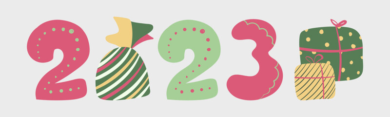 Numbers 2023 with candies and gifts on a light background