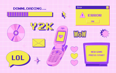 y2k trendy set of objects, old computer interface, retro pc elements, 1990s 2000s style, flip phone, cd disk, old television, pixel heart, nostalgia, vector illustration