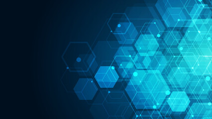 Hexagons pattern on blue background. Genetic research, molecular structure. Chemical engineering. Concept of innovation technology. Used for design healthcare, science and medicine background