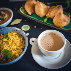 samosa, fried rice and tea