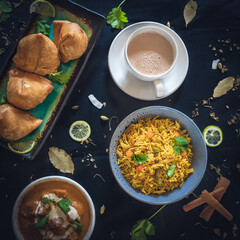 samosa, fried rice and tea
