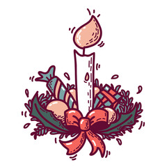 Christmas decoration with candle, spruce, sweets and gifts, isolated cartoon stile illustration with cozy retro colors. Festive decoration and floral composition.	