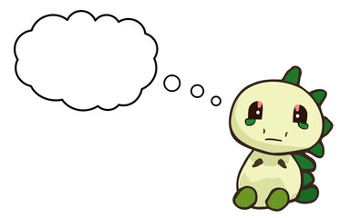 Cartoon comic of a cute dinosaur, isolated, sitting, sad and with watery eyes. An empty blank speech bubble departing from the animal.
