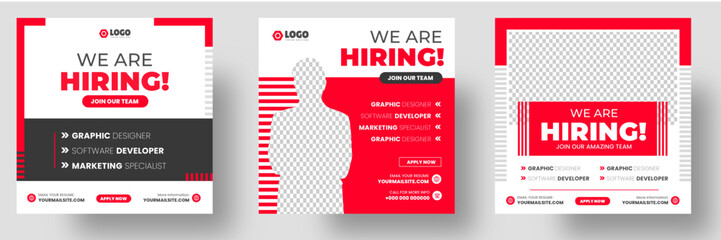 We are hiring job vacancy social media post banner design template with red color. We are hiring job vacancy square web banner design.