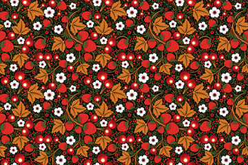Wallpaper with an ornament of summer motifs, flowers and berries in the style of Russian Khokhloma painting. Vector illustration