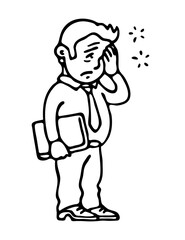 Obraz premium The young man is in great despair. He clutched his head in grief. Stress and fatigue at work. Cartoon vector comic art illustration. Hand drawn outline sketch black and white