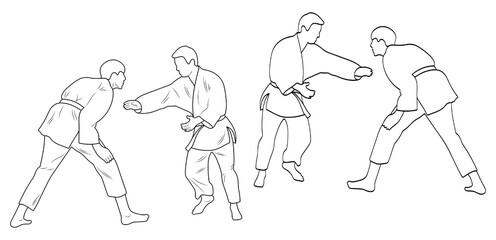 Sketch judoist, judoka athlete duel, fight, judo, pack of sport figure silhouette outline