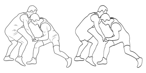 Silhouette outline athletes wrestlers in wrestling, duel, fight. Sketch line drawing greco roman, freestyle, classical wrestling.