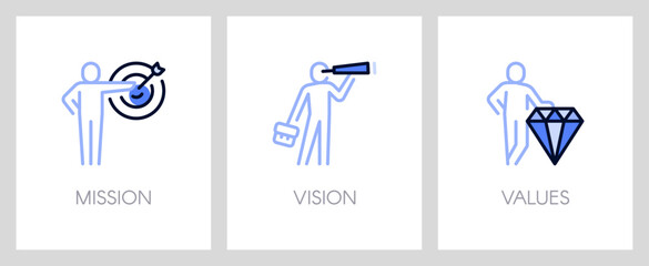 Mission, vision and values of company. Business concept. Web page template. Metaphors with blue icons and businessman - obrazy, fototapety, plakaty