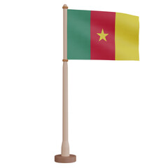 3D rendering waving Cameroon flag on pole. PNG transparent background.
