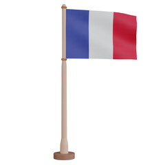 3D rendering waving France flag on pole. PNG transparent background.