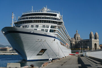 Viking luxury cruiseship or cruise ship liner Sea in Marseille Provence port during sunrise...