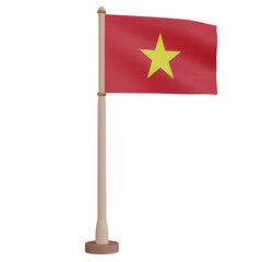 3D rendering waving Vietnam flag on pole. PNG transparent background.