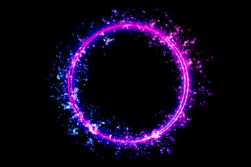 The circular frame is a neon light surrounded by sparkling stars.