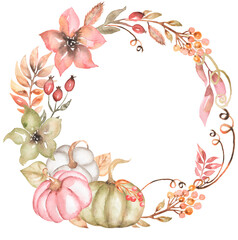 Naklejka na ściany i meble Golden frame with watercolor pink and beige floral composition. Hand drawn garden flowers with pink, white and green pumpkins.